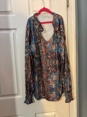 Kistore Women's Multi-Colored Paisley Print Long Sleeve Boho Tunic Top L